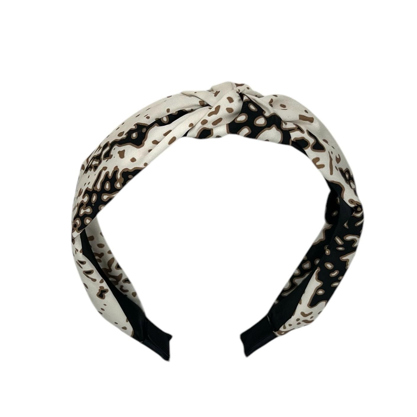 Diadeem - haarband van stof met knoop - slangenprint beige/zwart