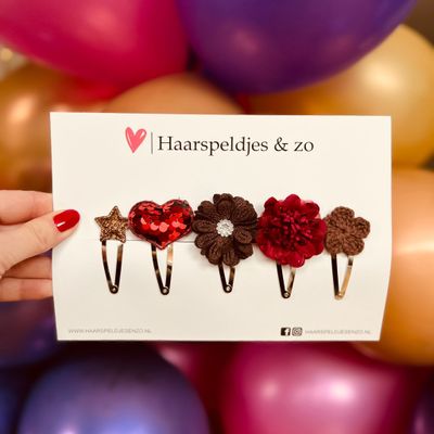Try-out mix - mix van verschillende speldjes - bloemetjes - 5 cm speldjes - kerst - feestdagen - glitters - glimmend - rood/bruin