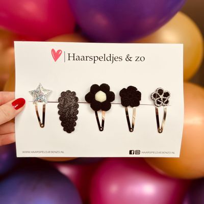 Try-out mix - mix van verschillende speldjes - bloemetjes - 5 cm speldjes - kerst - feestdagen - glitters - glimmend - zwart
