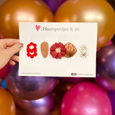 Haarspeldje antislip - baby&#39;s - kinderen - meisjes - mix - sterretjes - hartjes - bloemetjes - rood/bruin