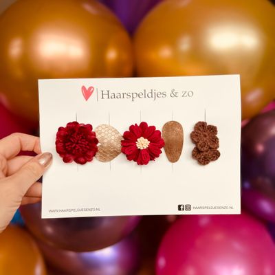 Haarspeldje antislip - baby&#39;s - kinderen - meisjes - mix - sterretjes - hartjes - bloemetjes - rood/bruin