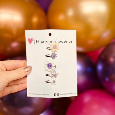 Baby haarspeldjes - mini - 2cm groot - voor de eerste lokjes haar - imitatieleer - bloemetjes - hartjes - sterretjes - kerst - feestdagen - glitters - paars
