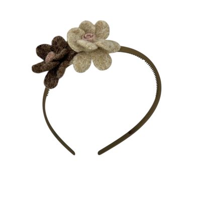 Diadeem wol flower - wollen bloemen - khaki kleur diadeem - bruin/beige