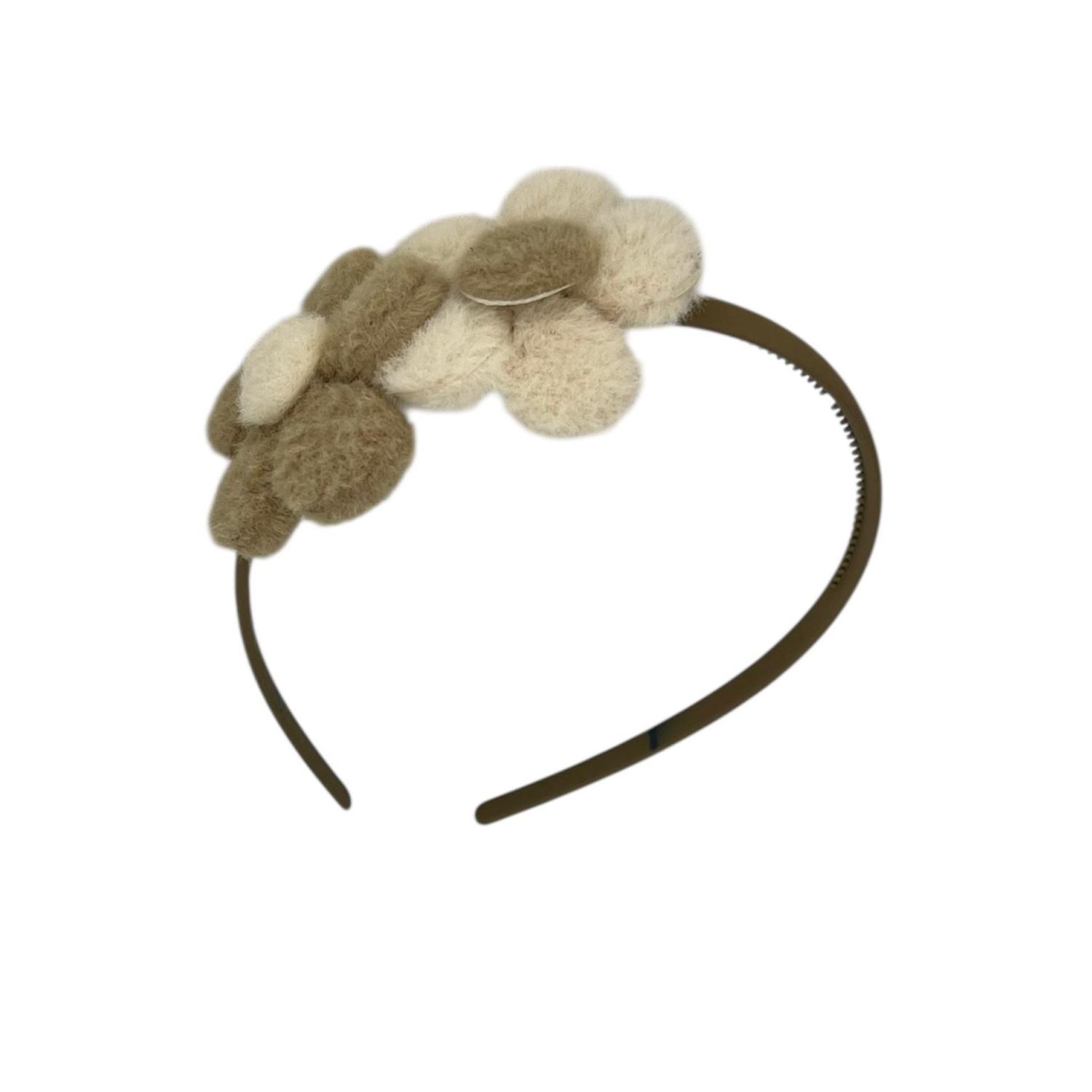 Diadeem wol flower - wollen furry bloemen - khaki kleur diadeem - beige/bruin