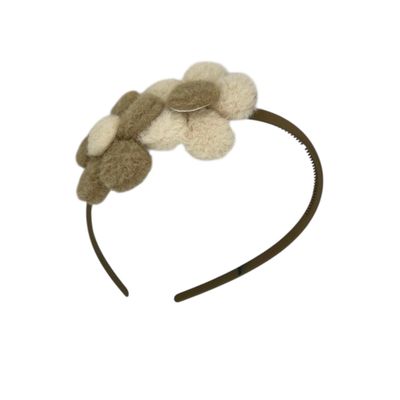 Diadeem wol flower - wollen furry bloemen - khaki kleur diadeem - beige/bruin