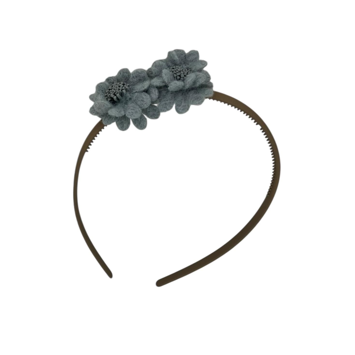 Diadeem wol flower - wollen bloemen - khaki kleur diadeem - blauw