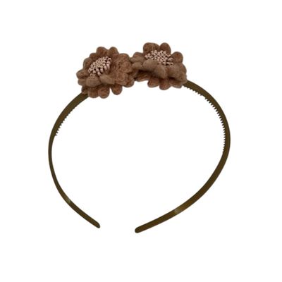 Diadeem wol flower - wollen bloemen - khaki kleur diadeem - oranje/bruin Diadeem wol flower - wollen bloemen - khaki kleur diadeem - oranje/bruin