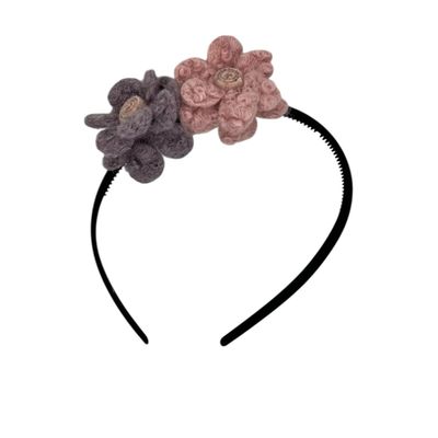 Diadeem wol flower - wollen bloemen - zwarte kleur diadeem - roze/paars