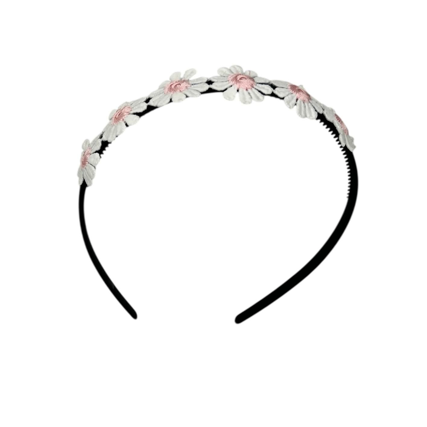 Diadeem - zwarte haarband - madeliefjes lichtroze -bloemen - bloemetjes