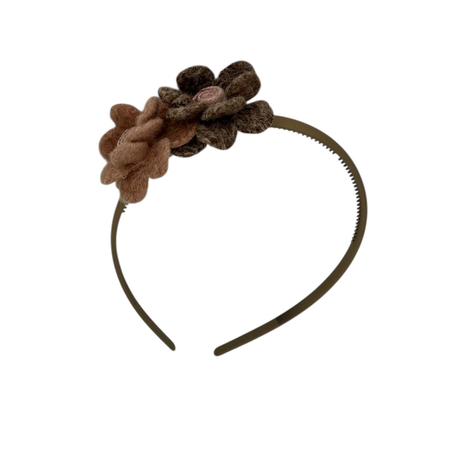 Diadeem wol flower - wollen bloemen - khaki kleur diadeem - bruin