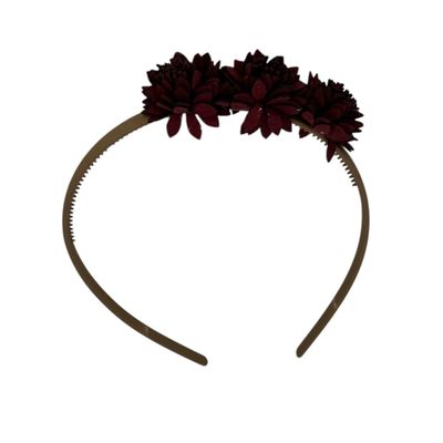 Diadeem leather flower - leren bloemetjes - khaki kleur diadeem - donkerrood