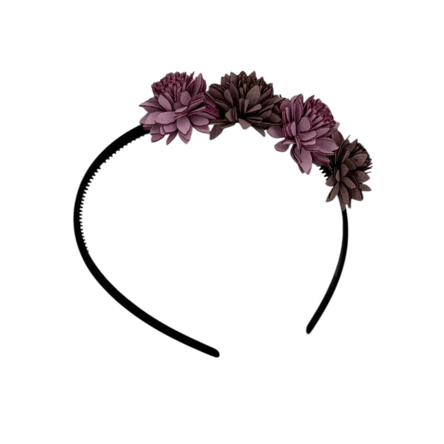 Diadeem leather flower - leren bloemetjes - khaki kleur diadeem - paars