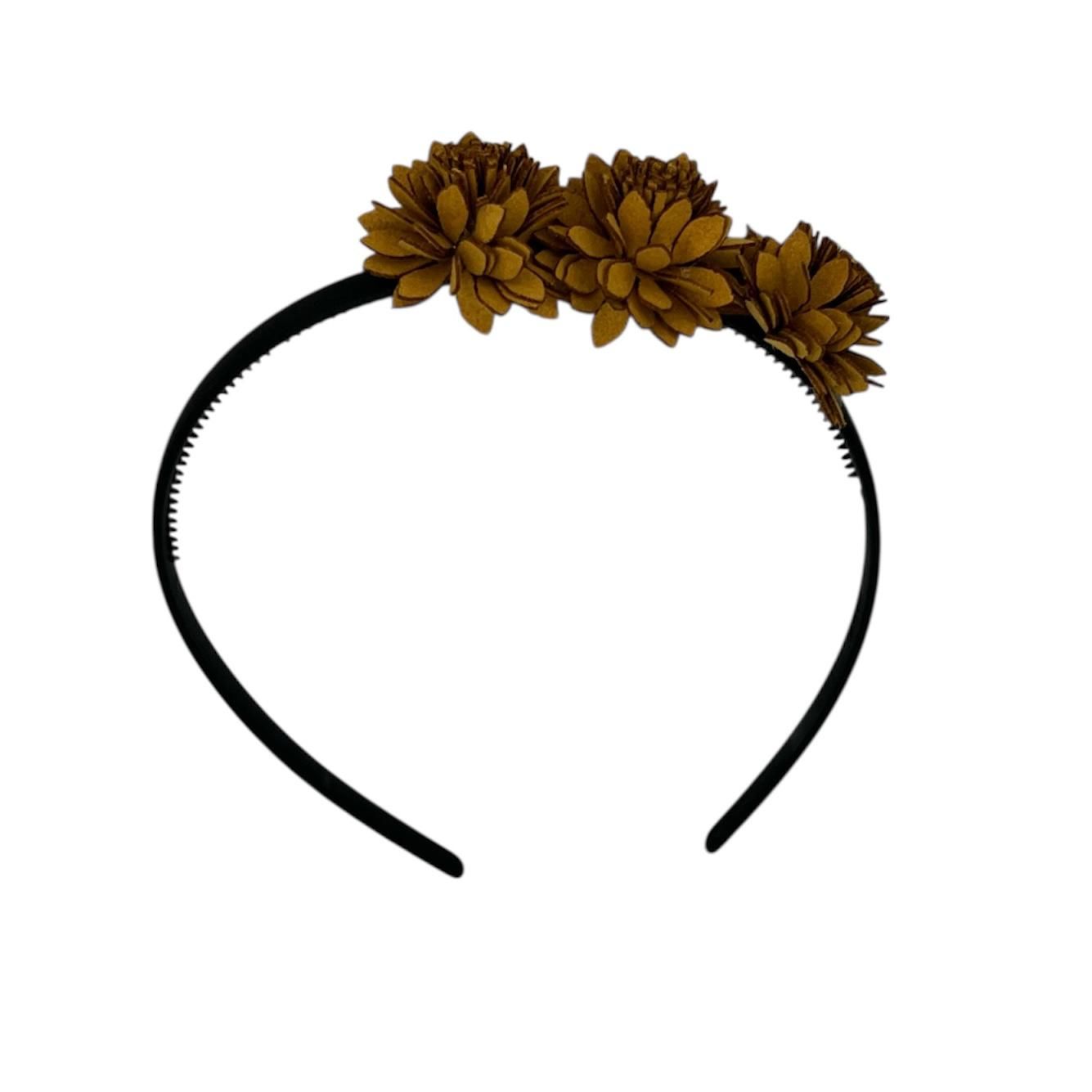 Diadeem leather flower - leren bloemetjes - khaki kleur diadeem - khaki/bruin