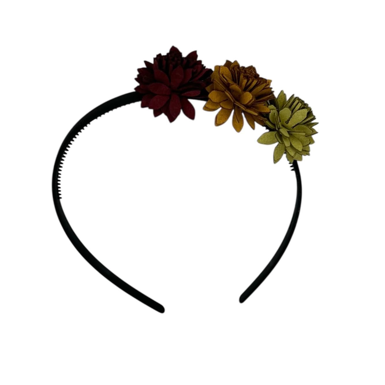 Diadeem leather flower - leren bloemetjes - khaki kleur diadeem - rood/khaki/groen