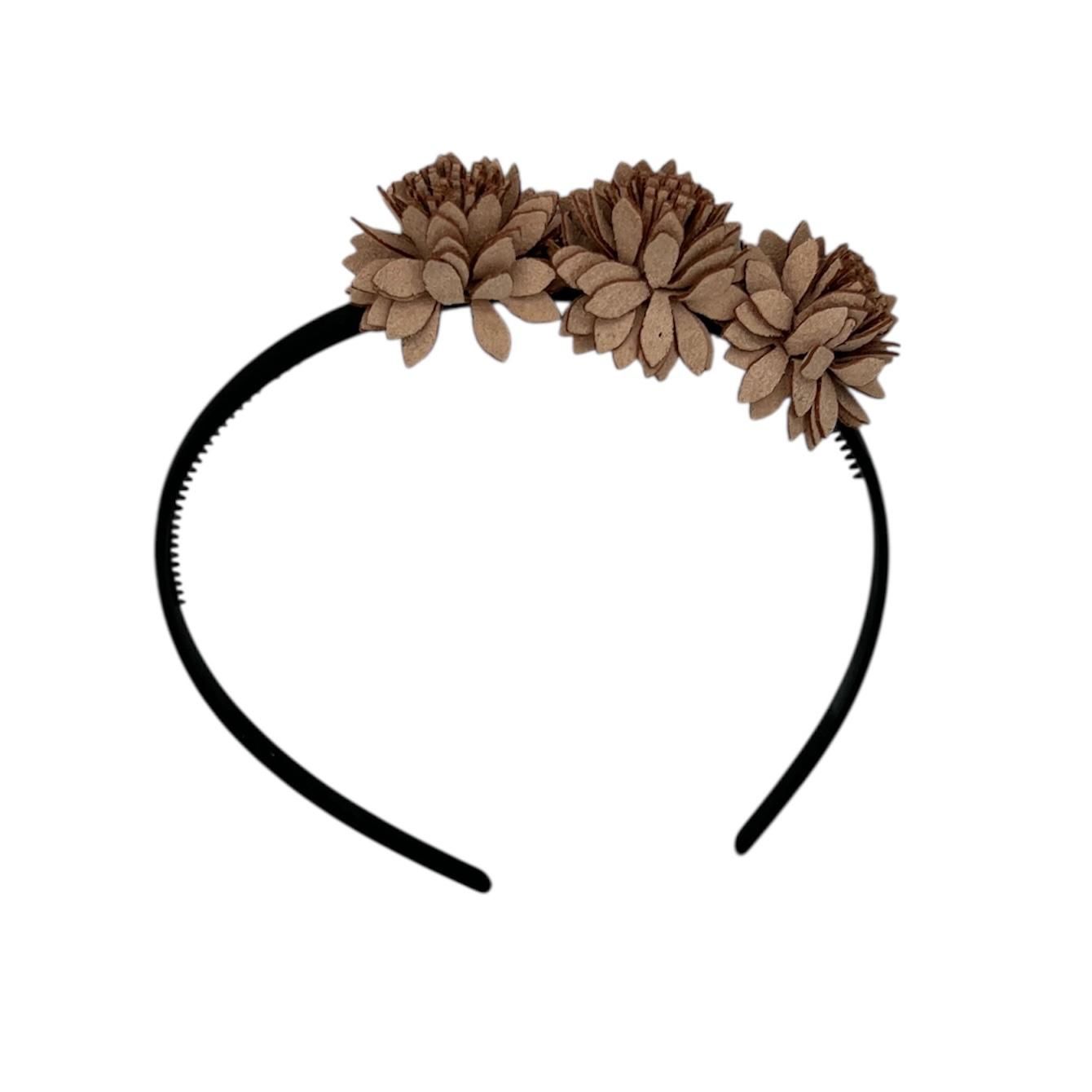 Diadeem leather flower - leren bloemetjes - khaki kleur diadeem - bruin