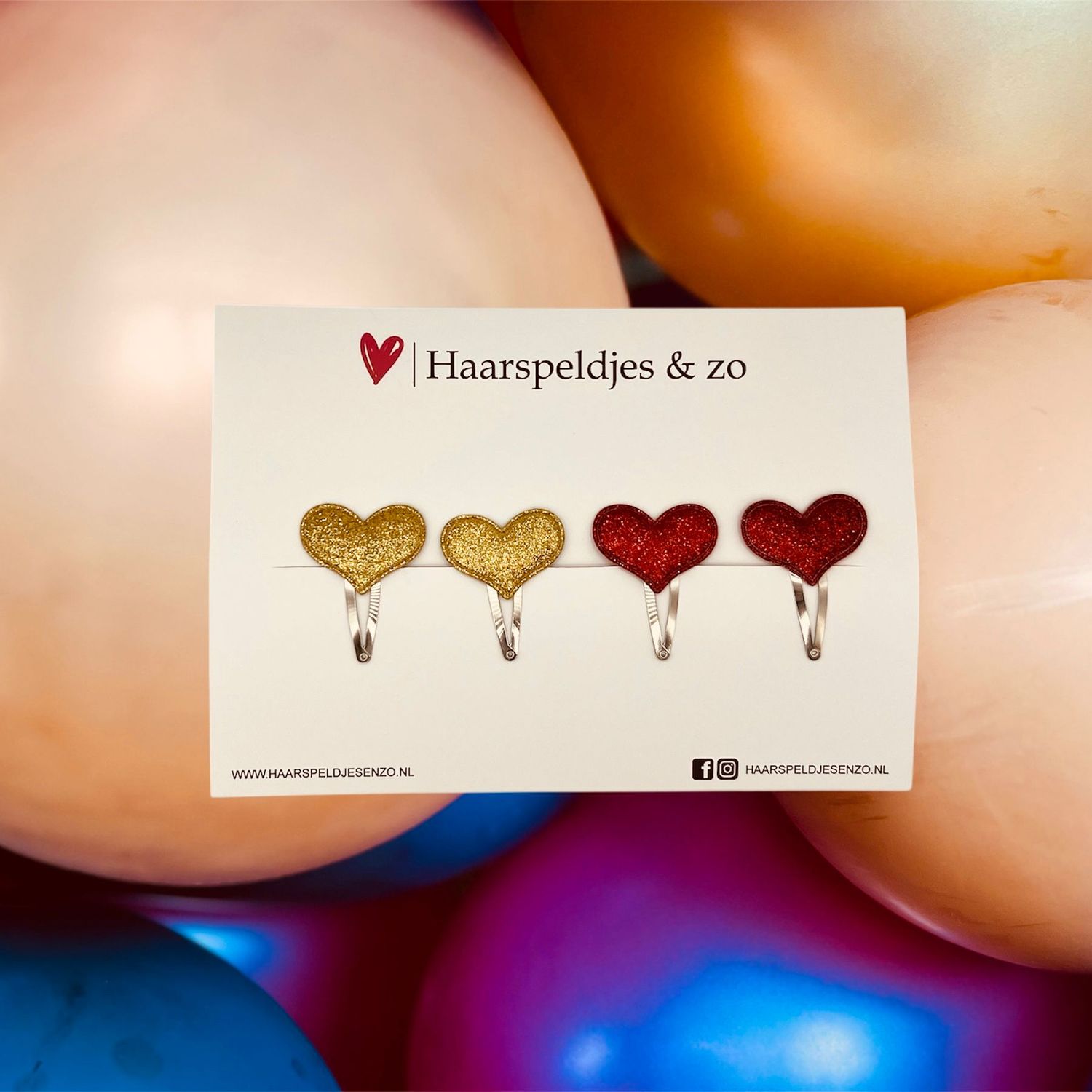 Haarspeldje hearts - hartjes - glamour - kerst - decembercollectie - najaar - 4 cm speldjes - glitters - goud en rood