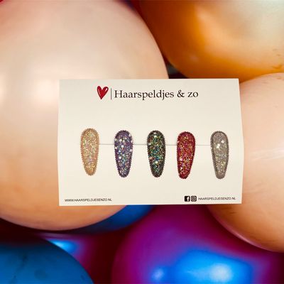 Haarspeldjes Saartje - kerstcollectie - glitters - klikklakspeldje - beige, paars, zwart, rood, grijs