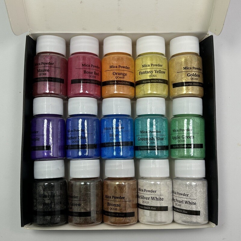 Caja de 15 colores de polvos de mica 10 gramos marca SEISSO