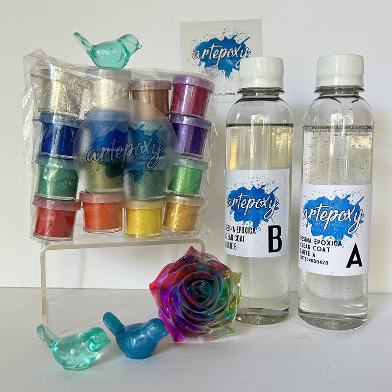 Combo 500. ml de Resina Epoxica y 16 colores de polvo de mica de 5g. c/u