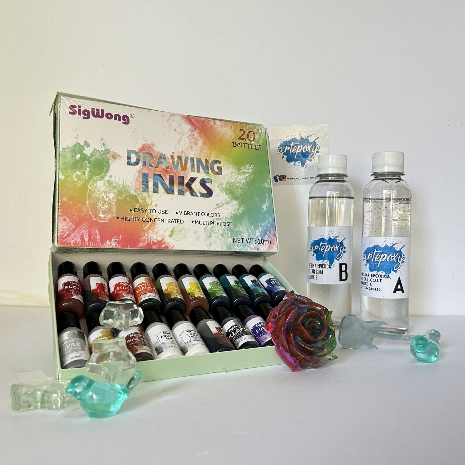 Combo  500 ml de Resina y caja con 20 tintas de alcohol.