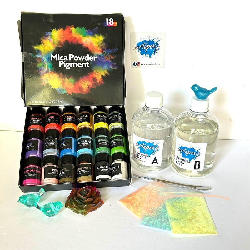 Combo 1 litro de Resina y caja de 18 colores de polvos de mica de 10g c/u y 3 brillantinas chunky