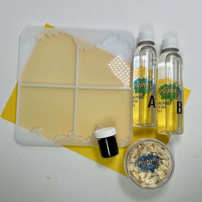 Molde 4 coasters de geoda 
Resina 500 ml. 
Pasta negra o tinta de alcohol
Hoja de oro