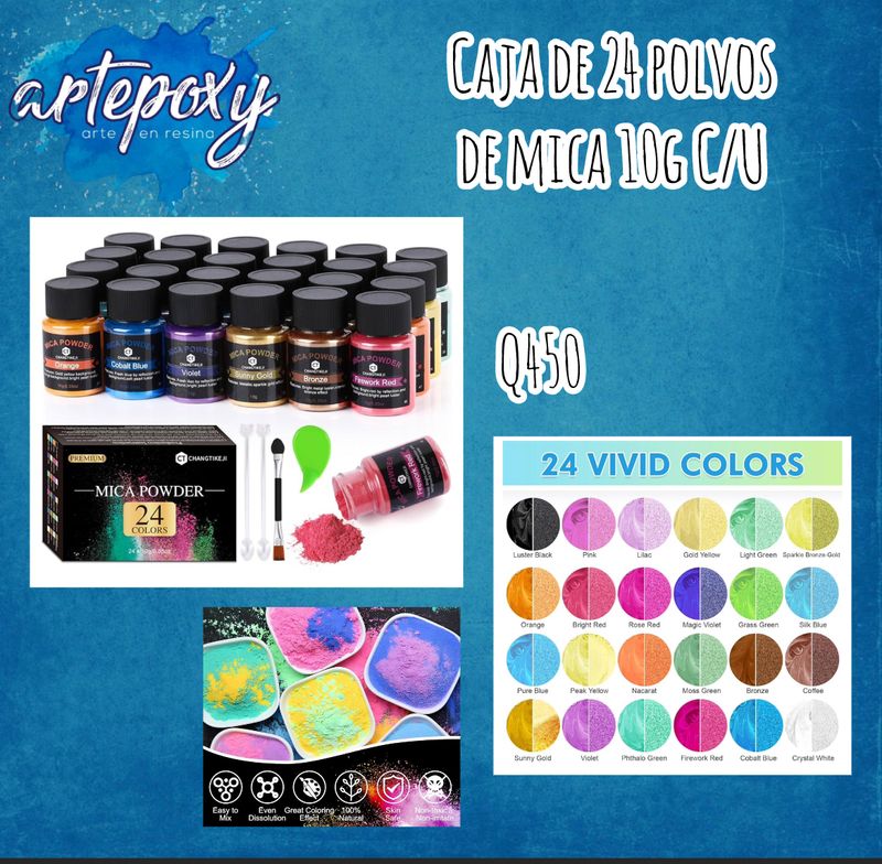 Caja de 24 colores de polvos de mica de 10 gramos c/u
