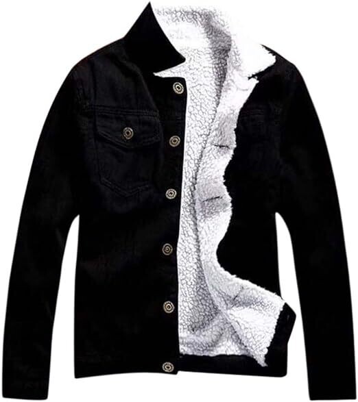 Men Jean Jacket Turndown Collar Single Breasted Solid Color Long Sleeve Winter Denim Coat Lapel Plush Lining Thicken Denim Coat