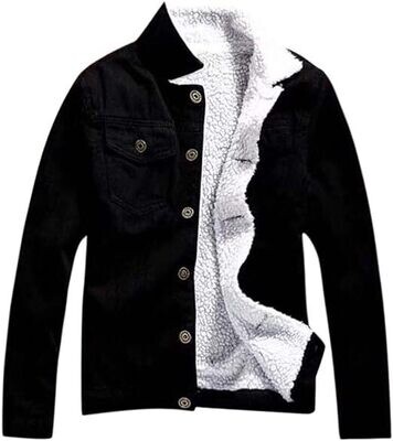Men Jean Jacket Turndown Collar Single Breasted Solid Color Long Sleeve Winter Denim Coat Lapel Plush Lining Thicken Denim Coat