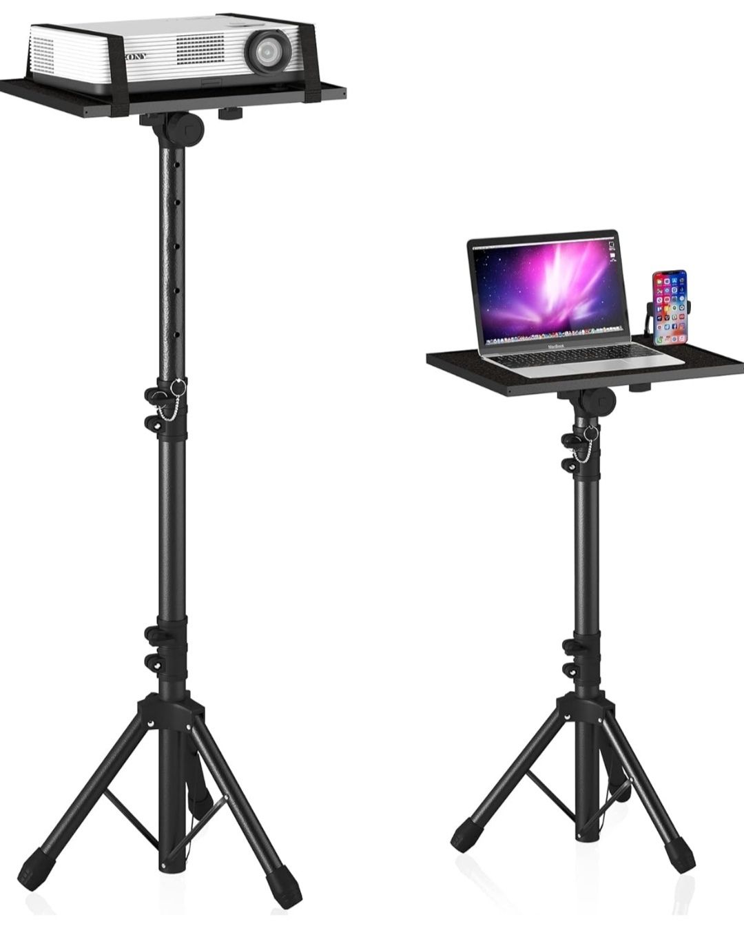Trépied pour projecteur de 59,7 cm à 118,1 cm, adapté pour ordinateur portable, réglable en hauteur avec support de téléphone en col de cygne.