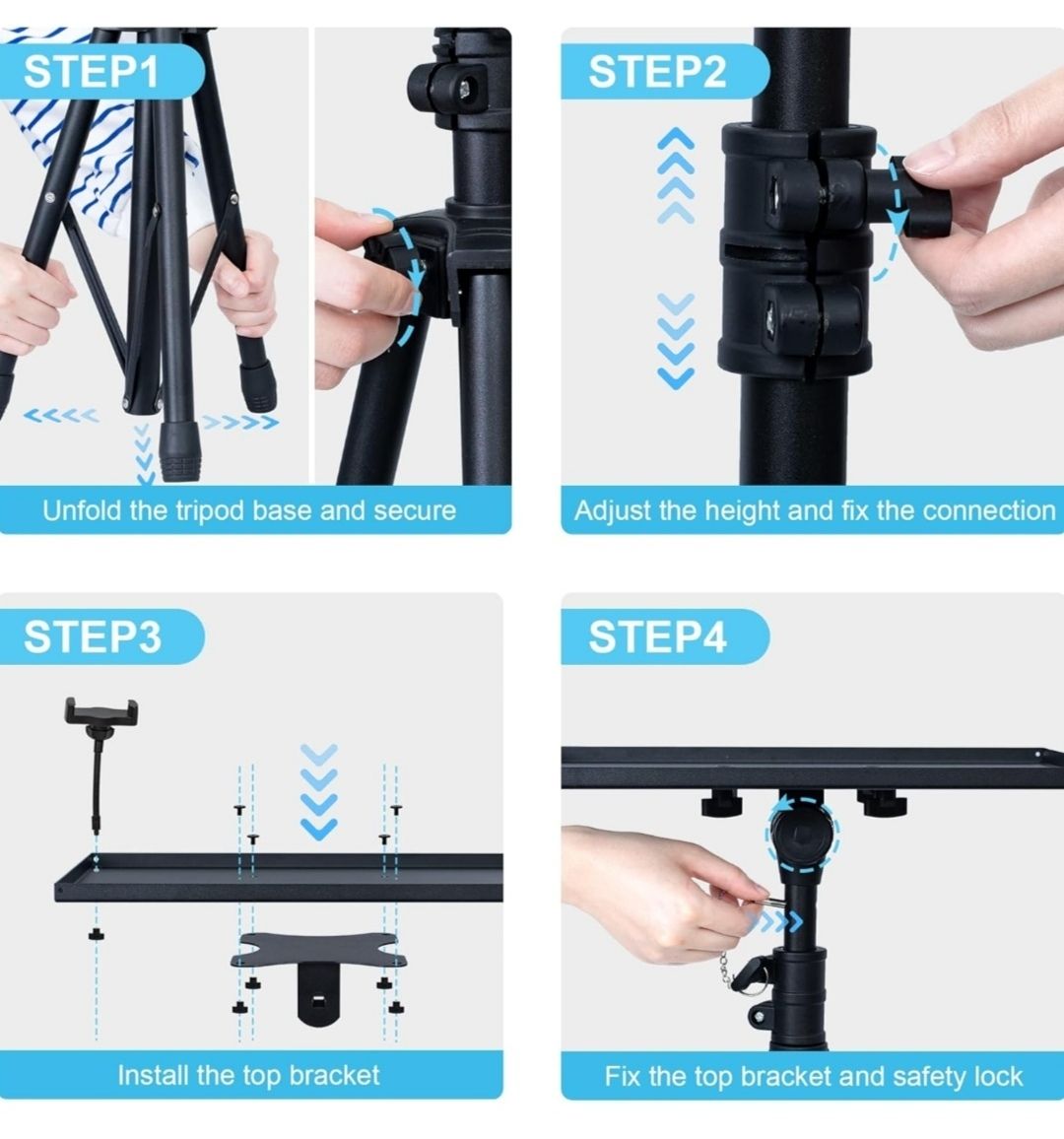 Trépied pour projecteur de 59,7 cm à 118,1 cm, adapté pour ordinateur portable, réglable en hauteur avec support de téléphone en col de cygne.