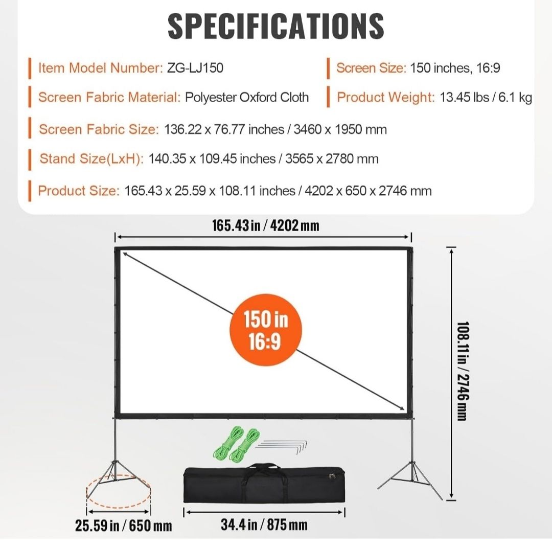 Écran de Projection sur Pied Portable 150 pouces 16:9 HD Toile de Projection Double Face Anti-Plis Grand Angle de Vision avec Sac de Rangement pour Vidéoprojecteurs Cinéma Maison et en Plein Air