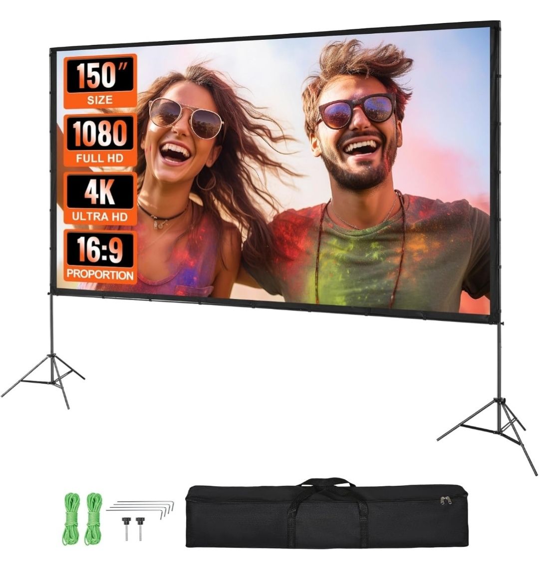 Écran de Projection sur Pied Portable 150 pouces 16:9 HD Toile de Projection Double Face Anti-Plis Grand Angle de Vision avec Sac de Rangement pour Vidéoprojecteurs Cinéma Maison et en Plein Air
