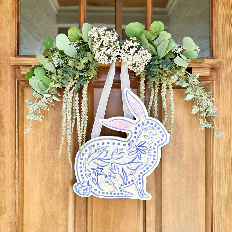 Blue Chinoiserie Bunny Door Hanger | Left- Facing