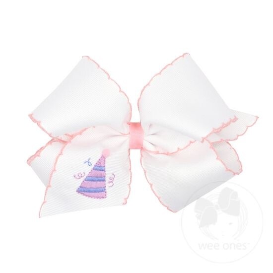 King Grosgrain Hair Bow with Moonstitch Edge and Birthday Girl Embroidery