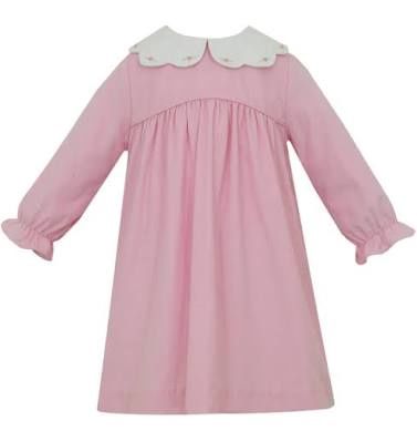 Pink Corduroy Dress With Rosebud Embroidery