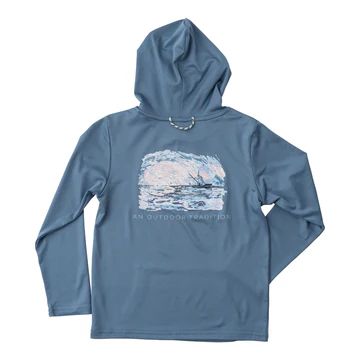 Pro Performance Hoodie Fishing T-Shirt | Bluefin Blue With A Sportfisher Sunset