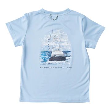 Pro Performance Short Sleeve Fishing T-Shirt | Powder Blue With Sportfisher Boat