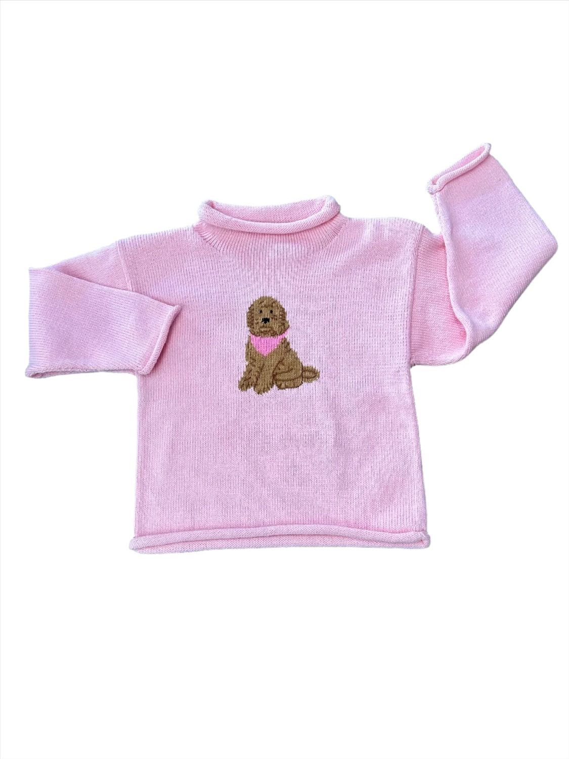 Girls Roll Neck Goldendoodle With Bandana Sweater | Light Pink
