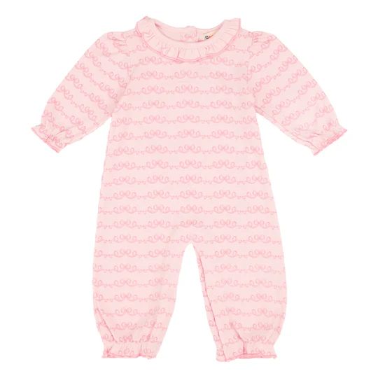 Ruffle Neck Light Pink Romper | Hot Pink Bow Print