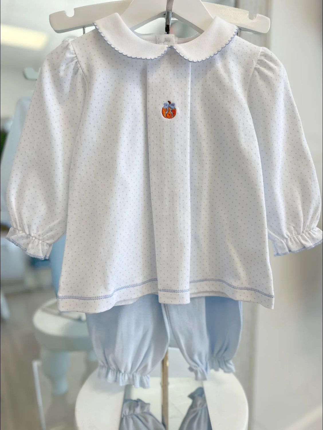 Girls Baby Blue Polka Dot Top With Baby Blue Stripe Pant Set | Pumpkin With Bow