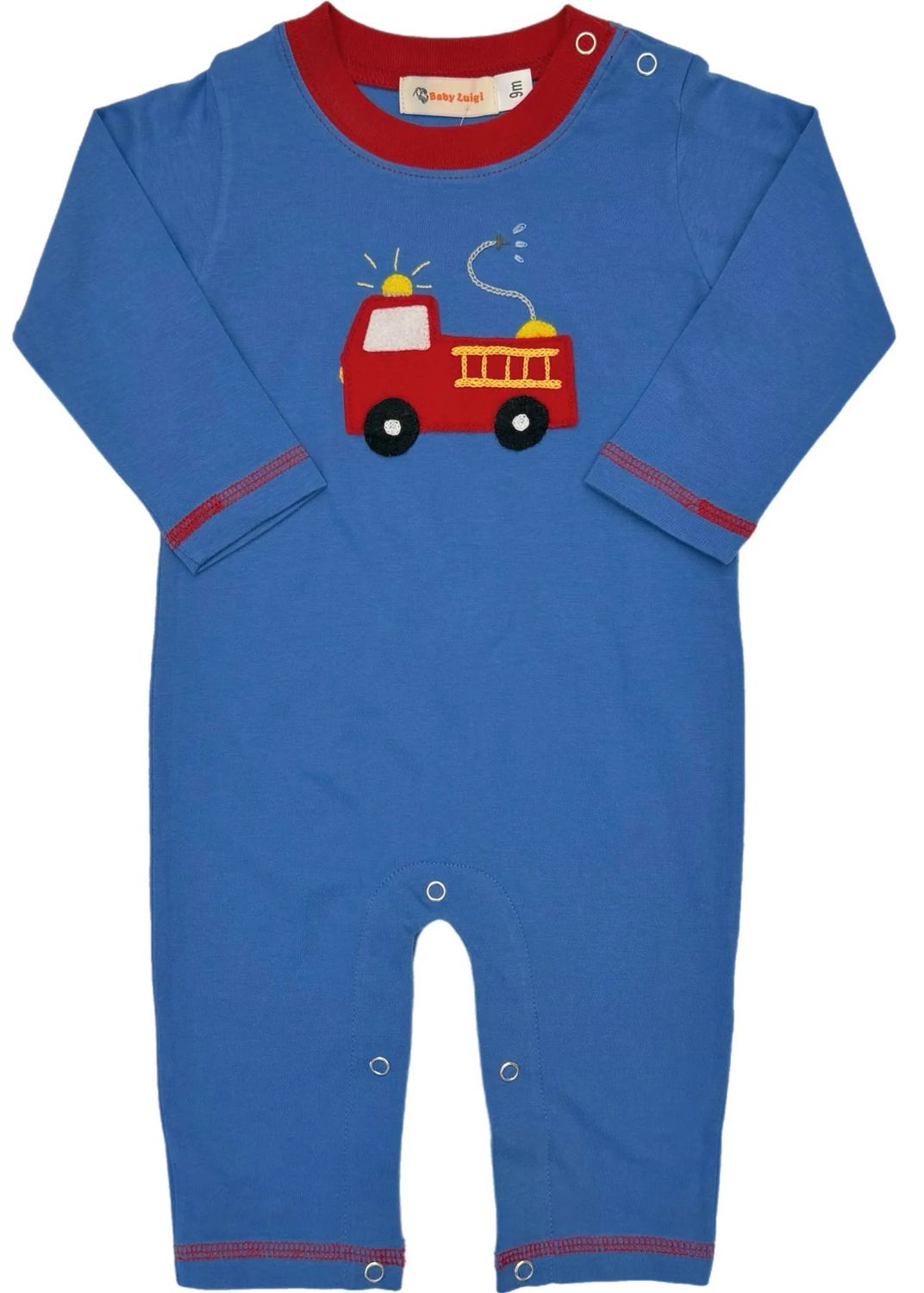 Boys Medium Chambray Long Sleeve Romper | Fire Truck With Hose