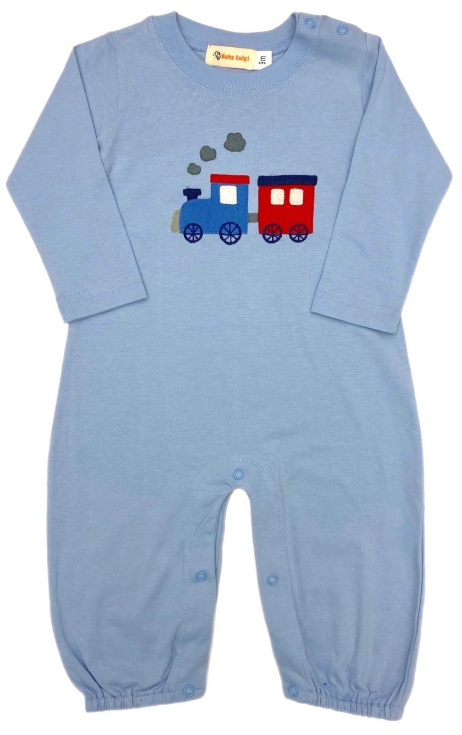 Boys Sky Blue Long Sleeve Romper | Train