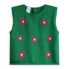 Sleeveless Appliqué  Pullover | Green With Pink Daisies