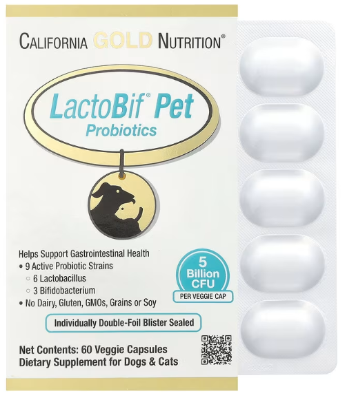 California Gold Nutrition, LactoBif 寵物益生菌，5 億 CFU，60 顆植物膠囊