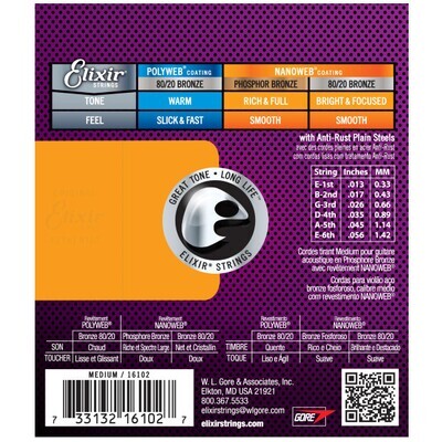 Elixir 16102 Phosphor Bronze Acoustic w/NANOWEB. Medium 13-56