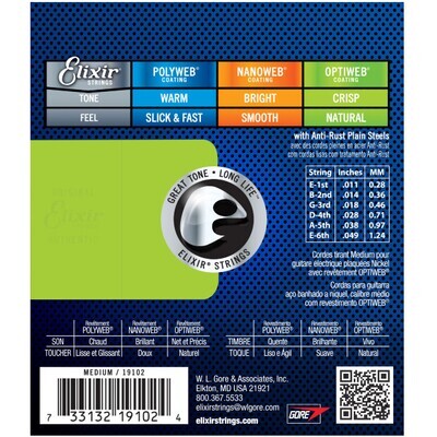 Elixir 19102 Nickel Plated Steel Electric Guitar Strings with Optiweb. Medium 11-49