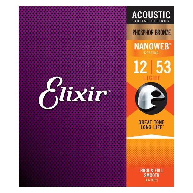 Elixir 16052 Phosphor Bronze Acoustic Guitar Strings w NANOWEB Coating, Light 12-53