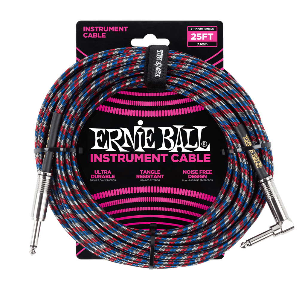Ernie Ball 6063 25ft Straight/Angle Braided Red/White/Blue Braided Cable