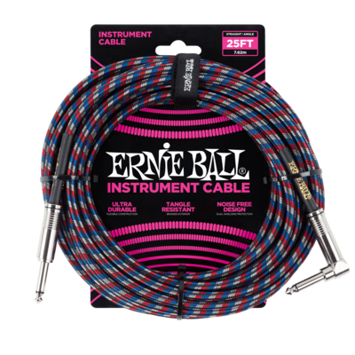 Ernie Ball 6063 25ft Straight/Angle Braided Red/White/Blue Braided Cable